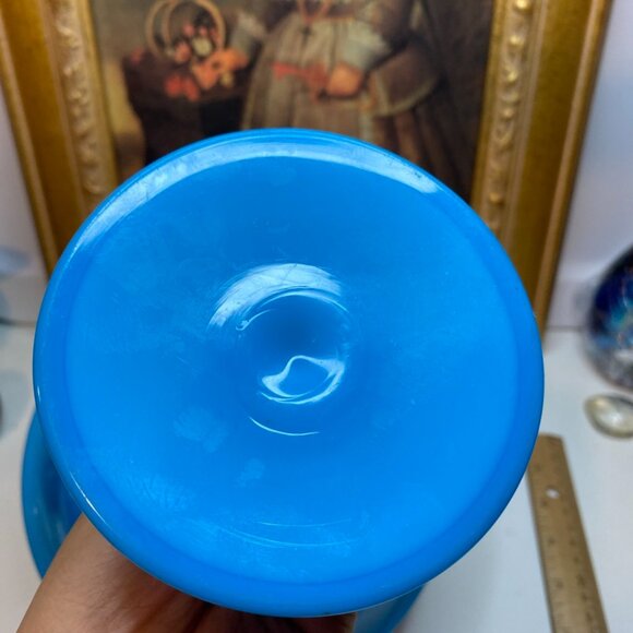 Antique Blue Compote Milk Glass About 7 Inches Tall Gold Leaves Trim Design - Picture 6 of 11